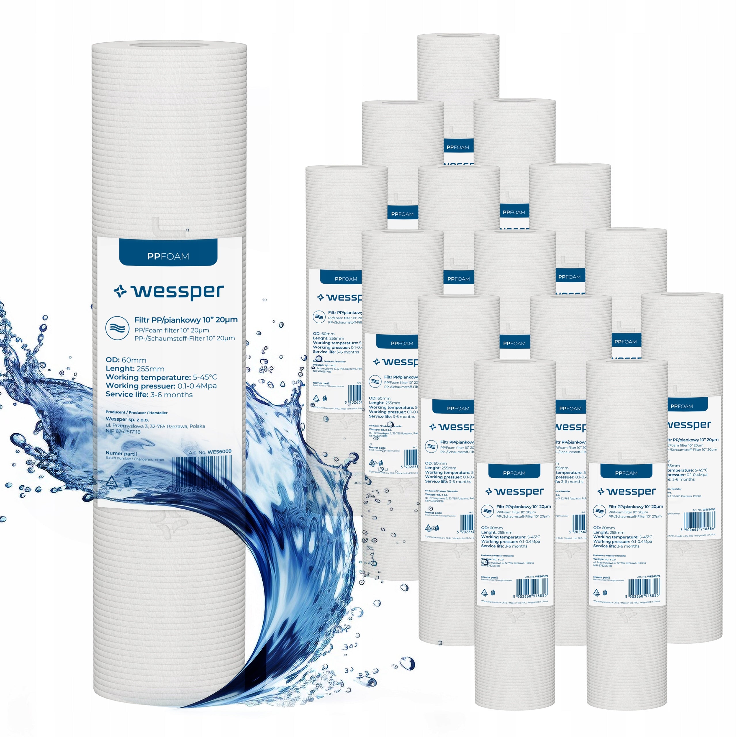 Wessper water filter foam filtration 10" preliminary 20 micron PP20 15x