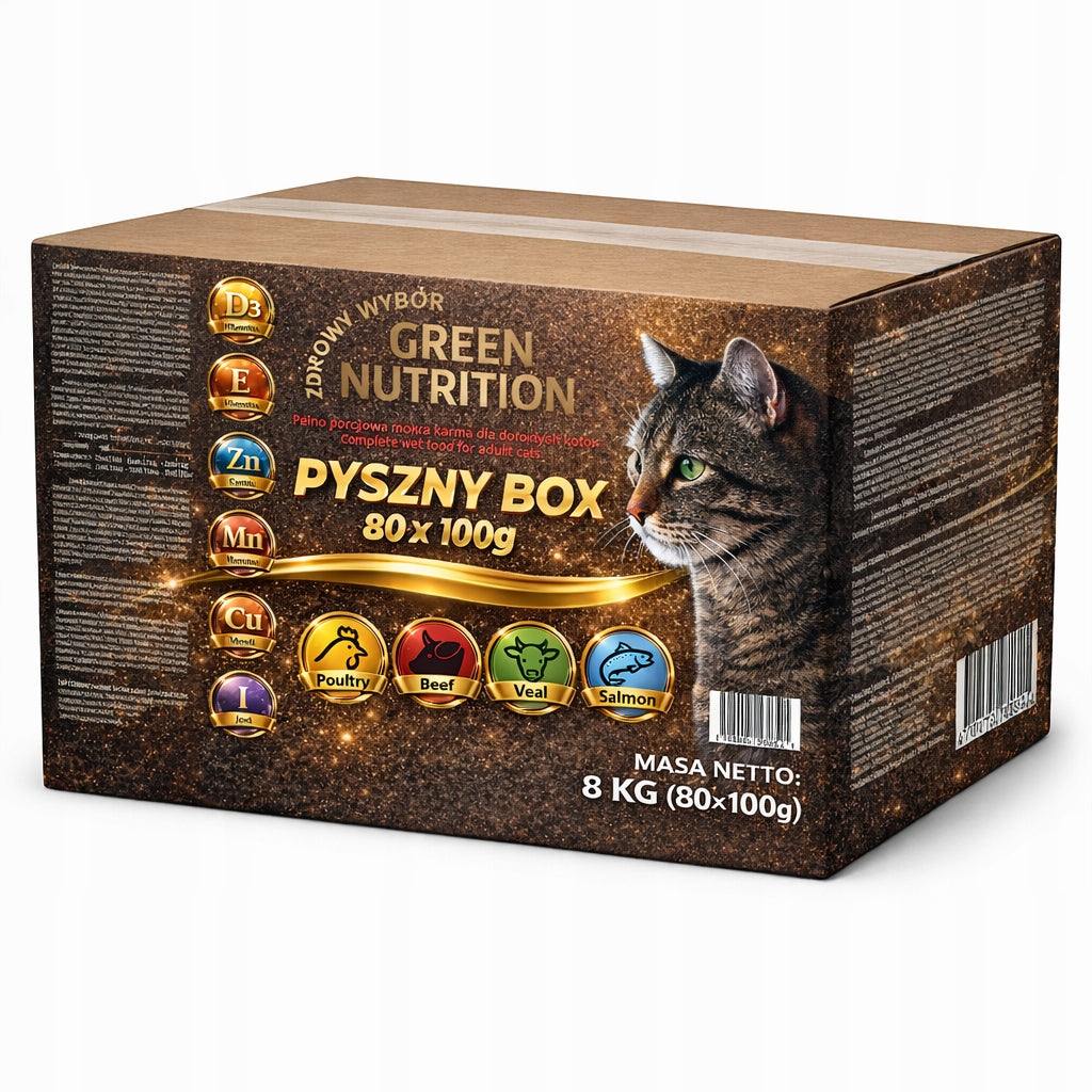 Wet Cat Food Delicious Box 4 Sachet Flavors 80x100g Green Nutrition Packaging status original