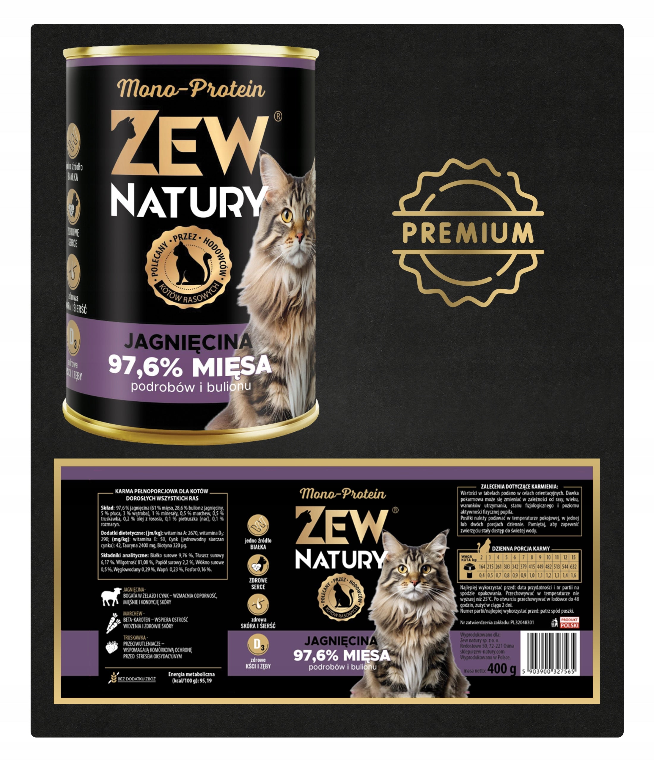 Wet Cat Food Mono-Protein Lamb Can 400g Zew Natury EAN (GTIN) 5903900327565