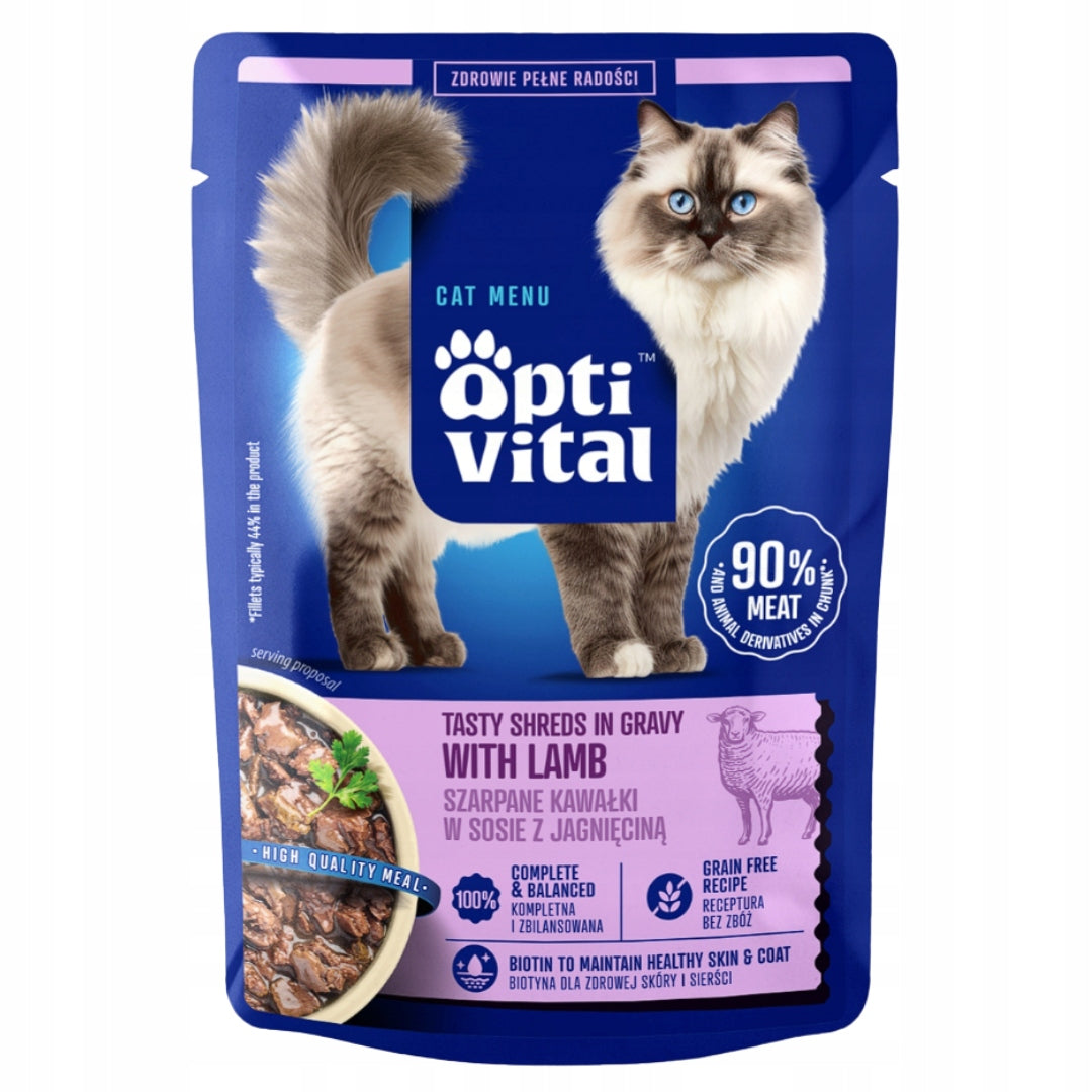 Wet Cat Food Sachet Optivital Ripped Pieces With Lamb 85g