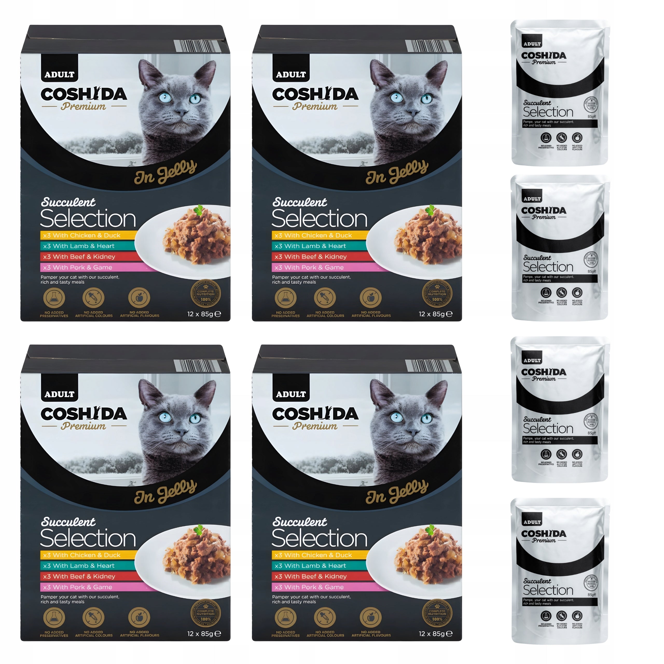 Wet cat food Coshida 48 x 85g sachets pieces jelly FILLETS