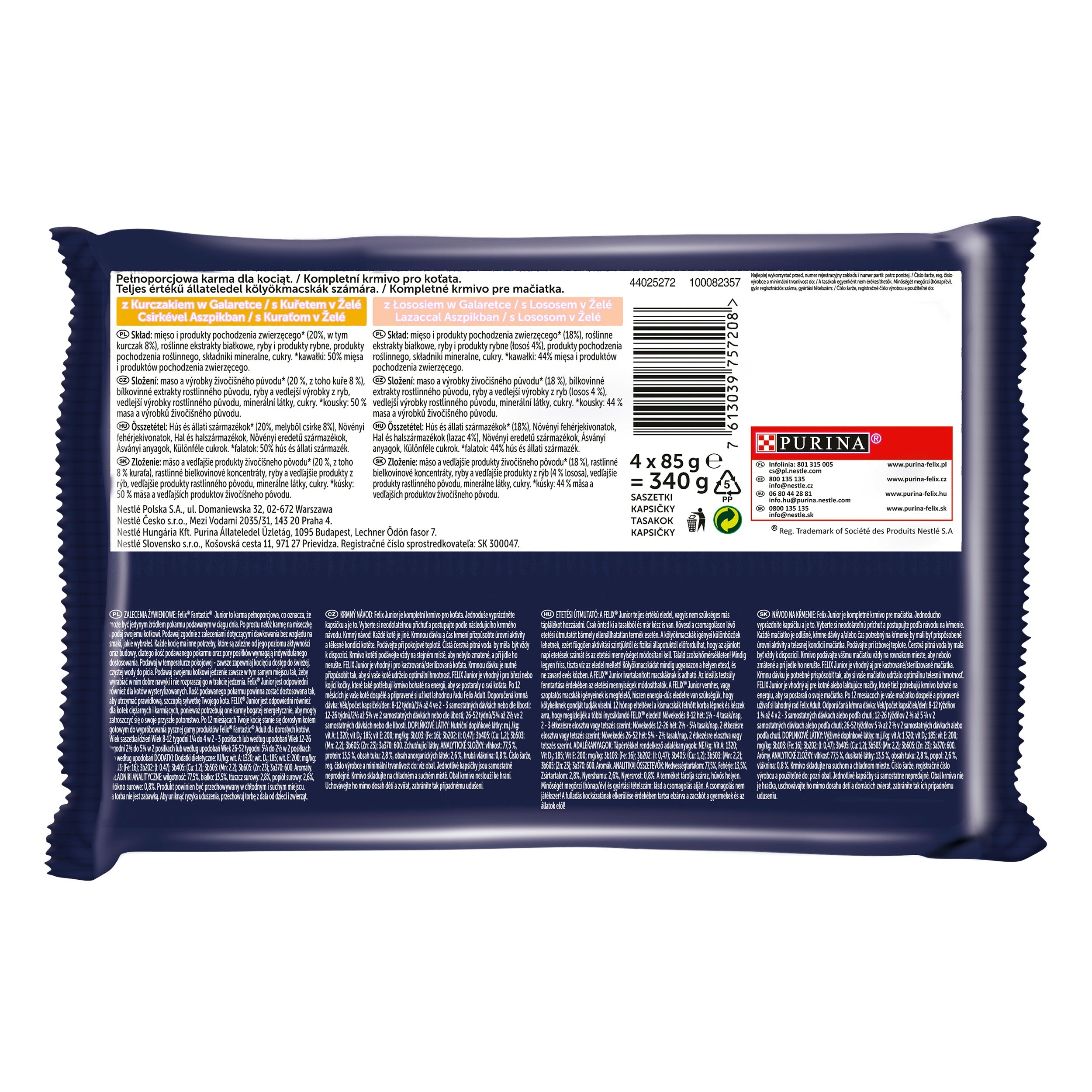 Wet cat food Felix Junior (CHICKEN, SALMON) sachet 4x85g Packaging status original