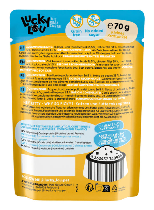 Wet cat food Lucky Lou Chicken Tuna in broth sachet 70g Brand Lucky Lou