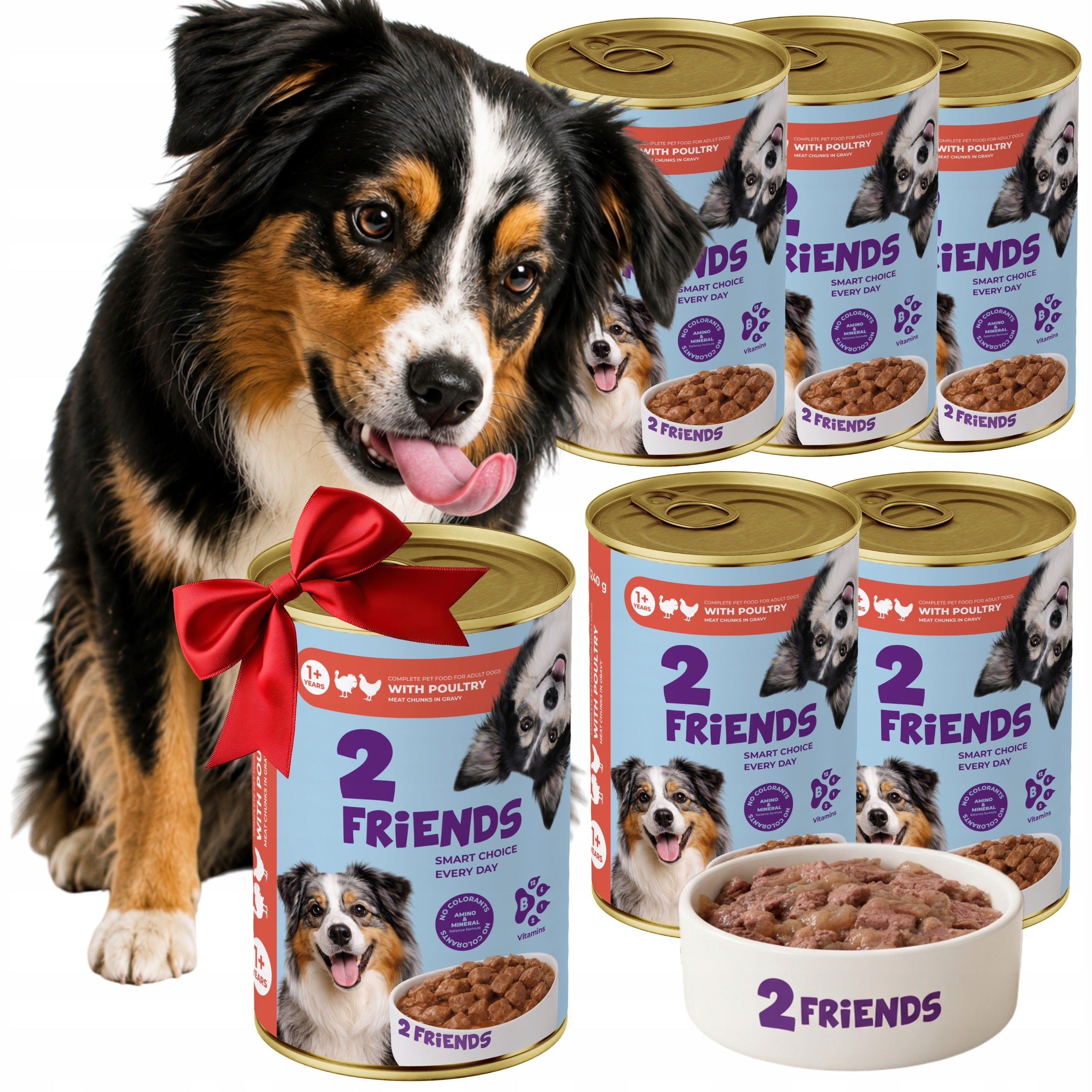 Wet dog food 2 Friends poultry 71% meat pieces sauce 5x1240g + 1 Freebie