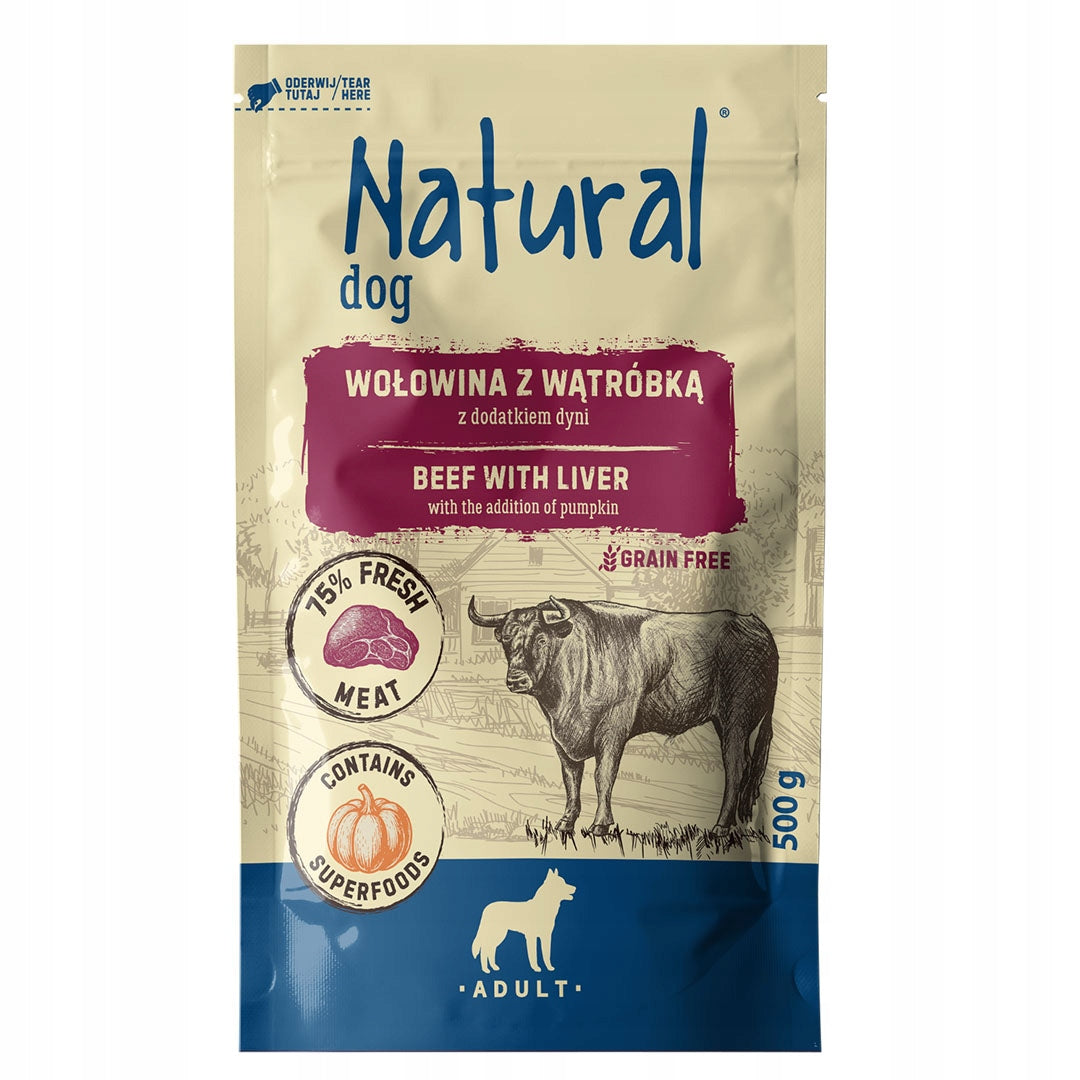 Wet dog food NATURAL beef with pumpkin liver 500 g sachet