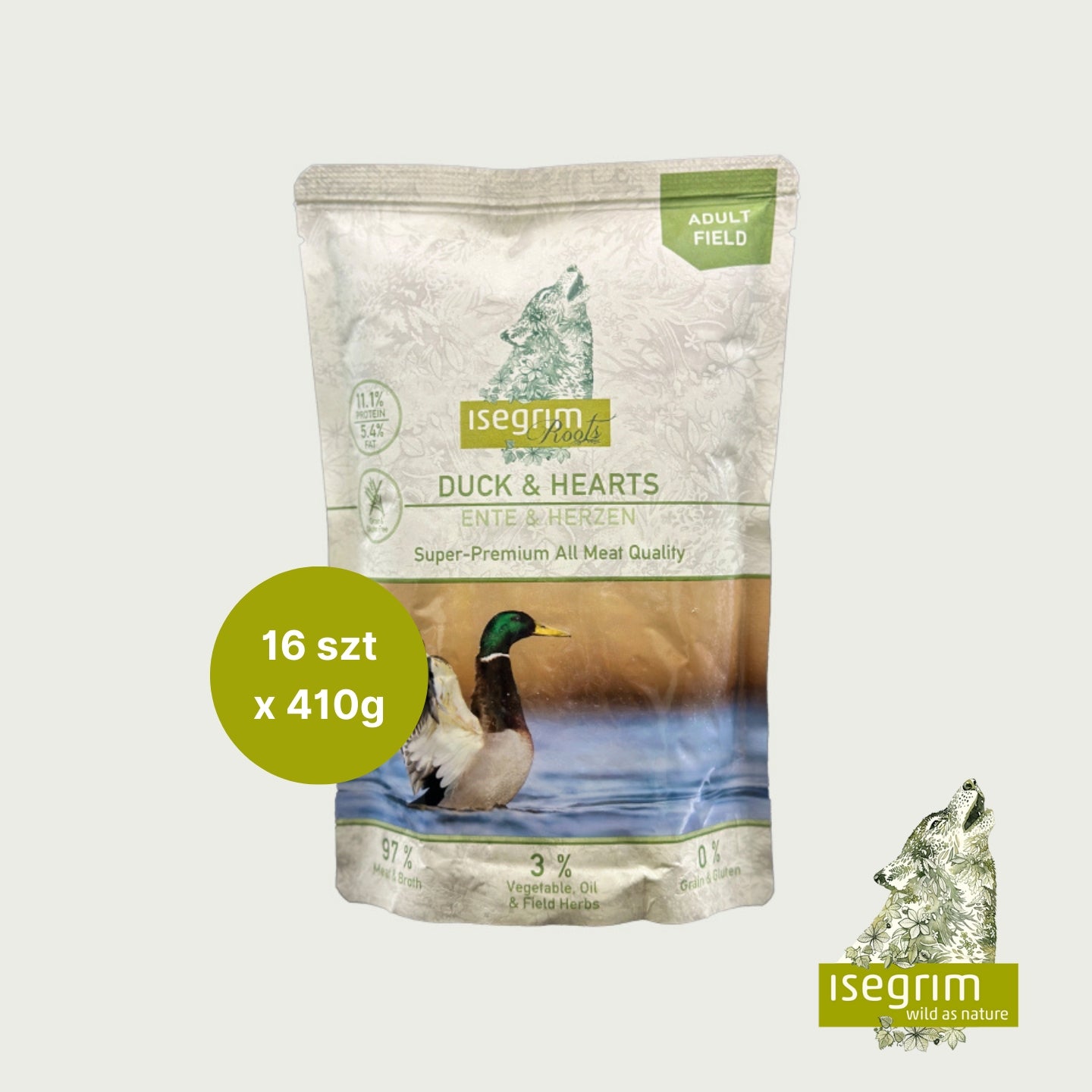 Wet food isegrim Duck + hearts with vegetables, 15 pcs.x 410g + 1 freebie