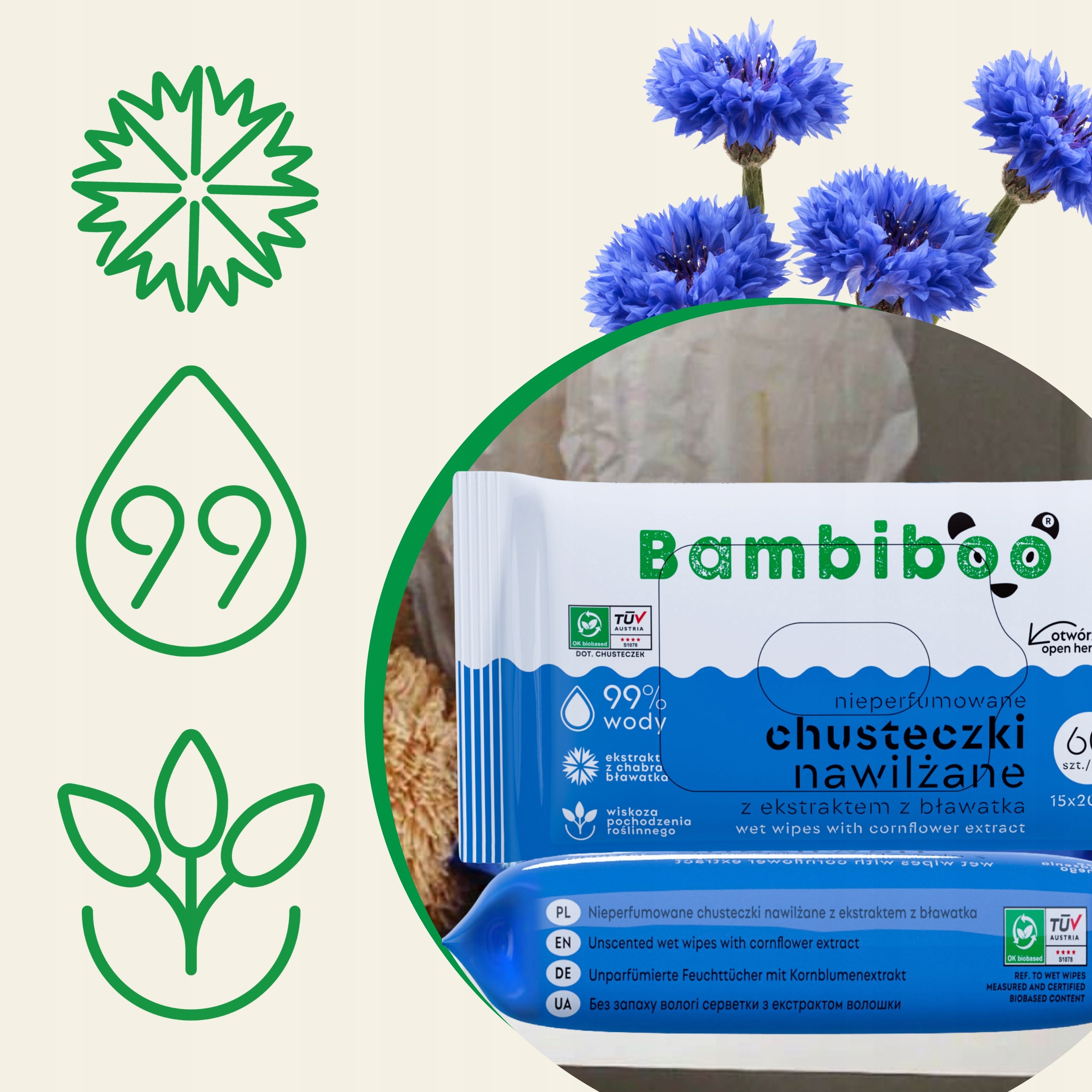 Wet wipes Bambiboo 16x60pcs 960 With Bławatka Extract 99% water Brand Bambiboo