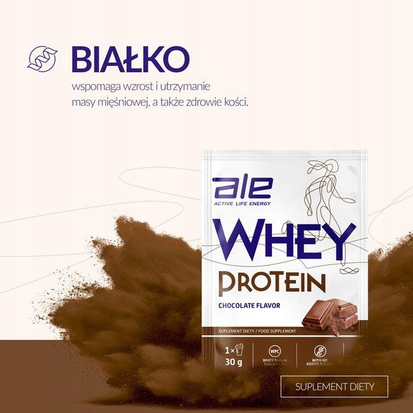 Whey Protein Chocolate Flavor, ALE , powder, 30 g Expiration date at least 3 months from the date of purchase