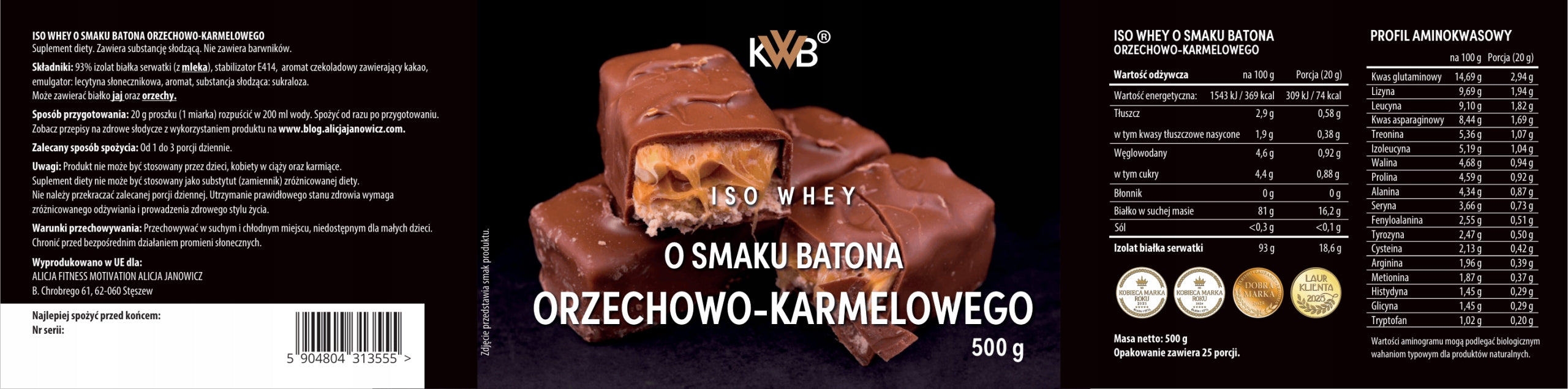 Whey Protein Isolate Conditioner ISO WHEY 500g Walnut Caramel Bar KWB Expiration date at least six months from the date of purchase
