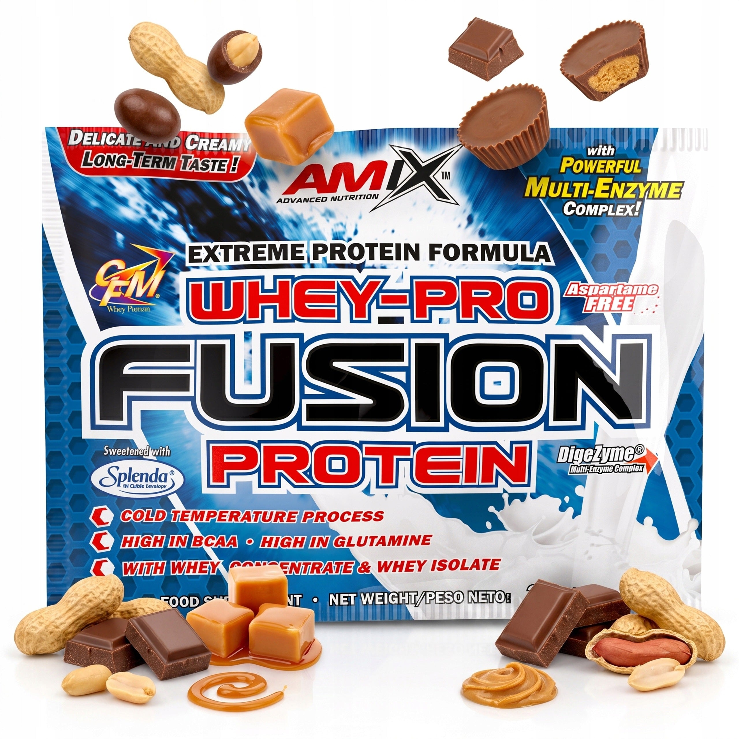 Whey protein WPC WPI 30 g sachet peanut butter chocolate caramel
