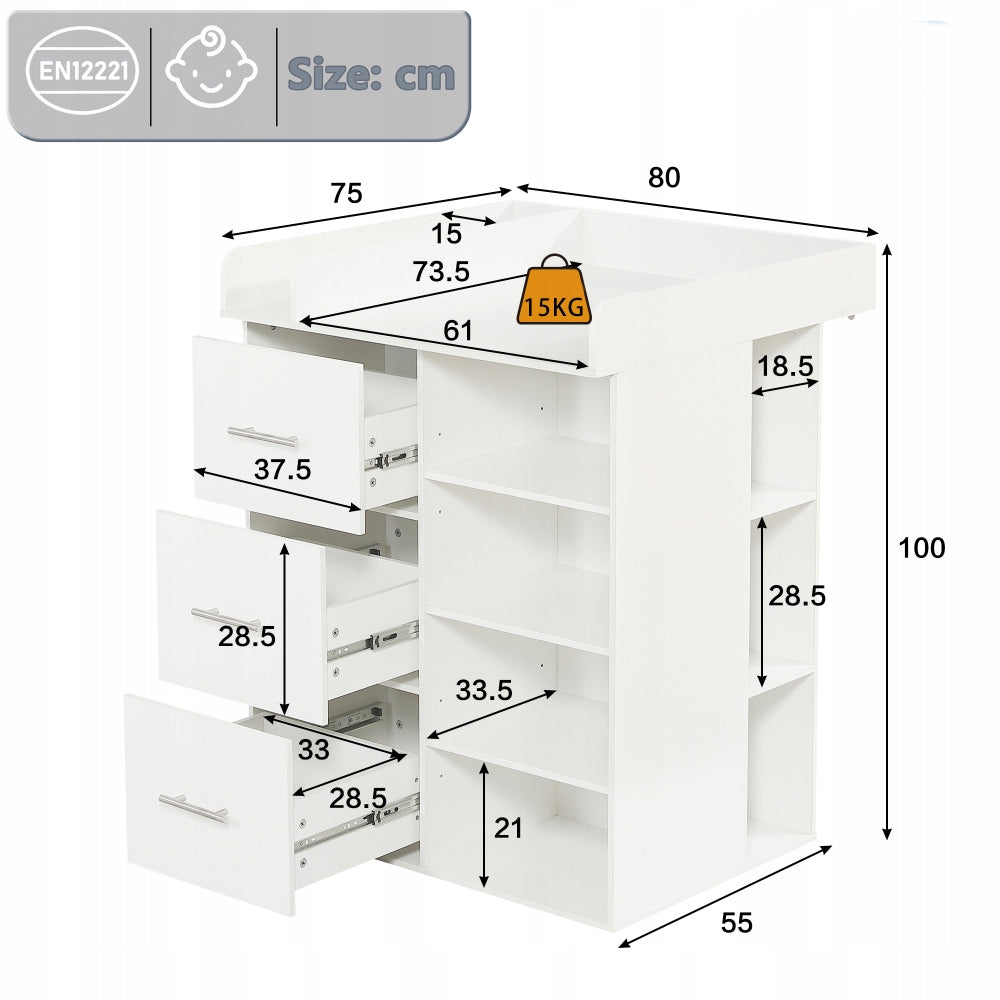 White Changing Dresser with 3 Drawers and Large Capacity Packaging status original