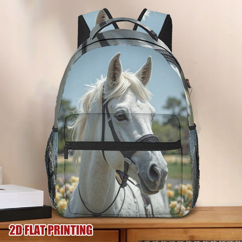 White Horse Print Backpack for School, Travel, and Daily Use