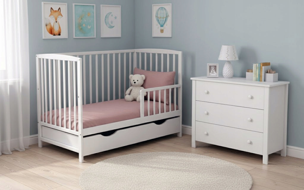 White Pine Crib with Drawer Krzyś + Barrier for Sofa /Arco option Manufacturer code 5903689500005