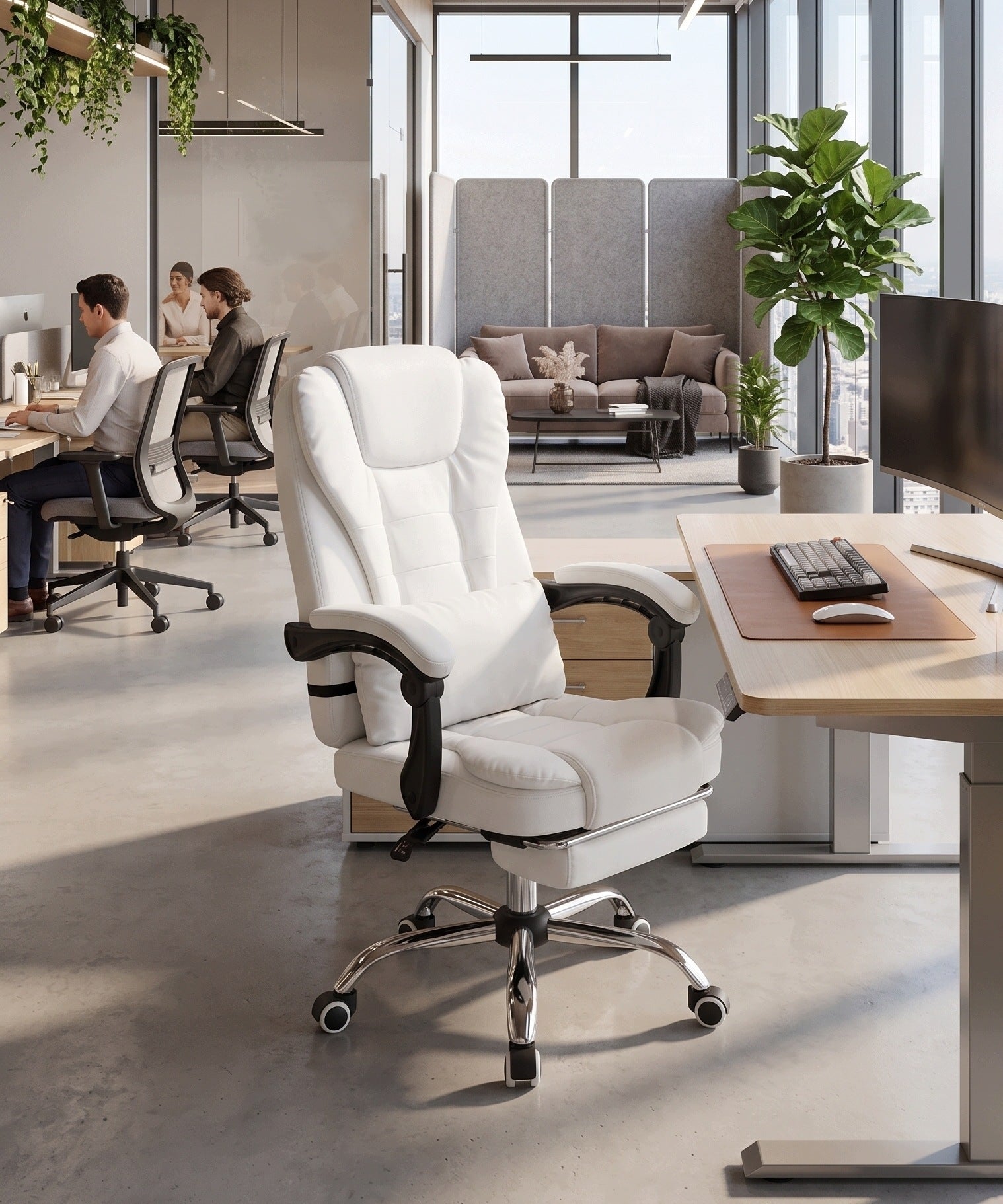 White comfortable office chair with footrest and lumbar cushion NBK002-HT Packaging status original