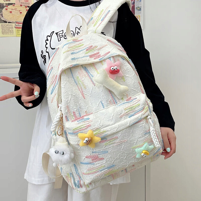 White cute large capacity backpack for female students with pendant Color white