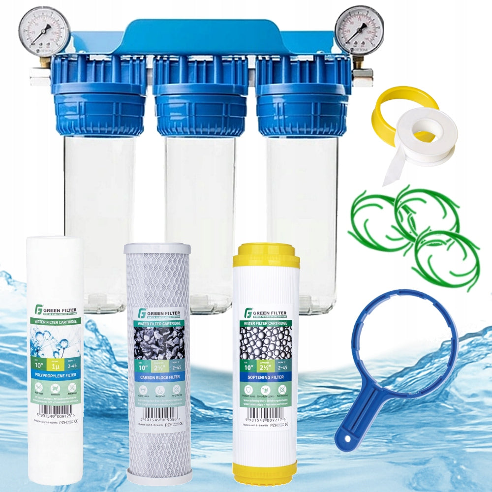 Whole House 3 Stage In-line Kit with Pressure Gauges 3x 1/2" Cartridges