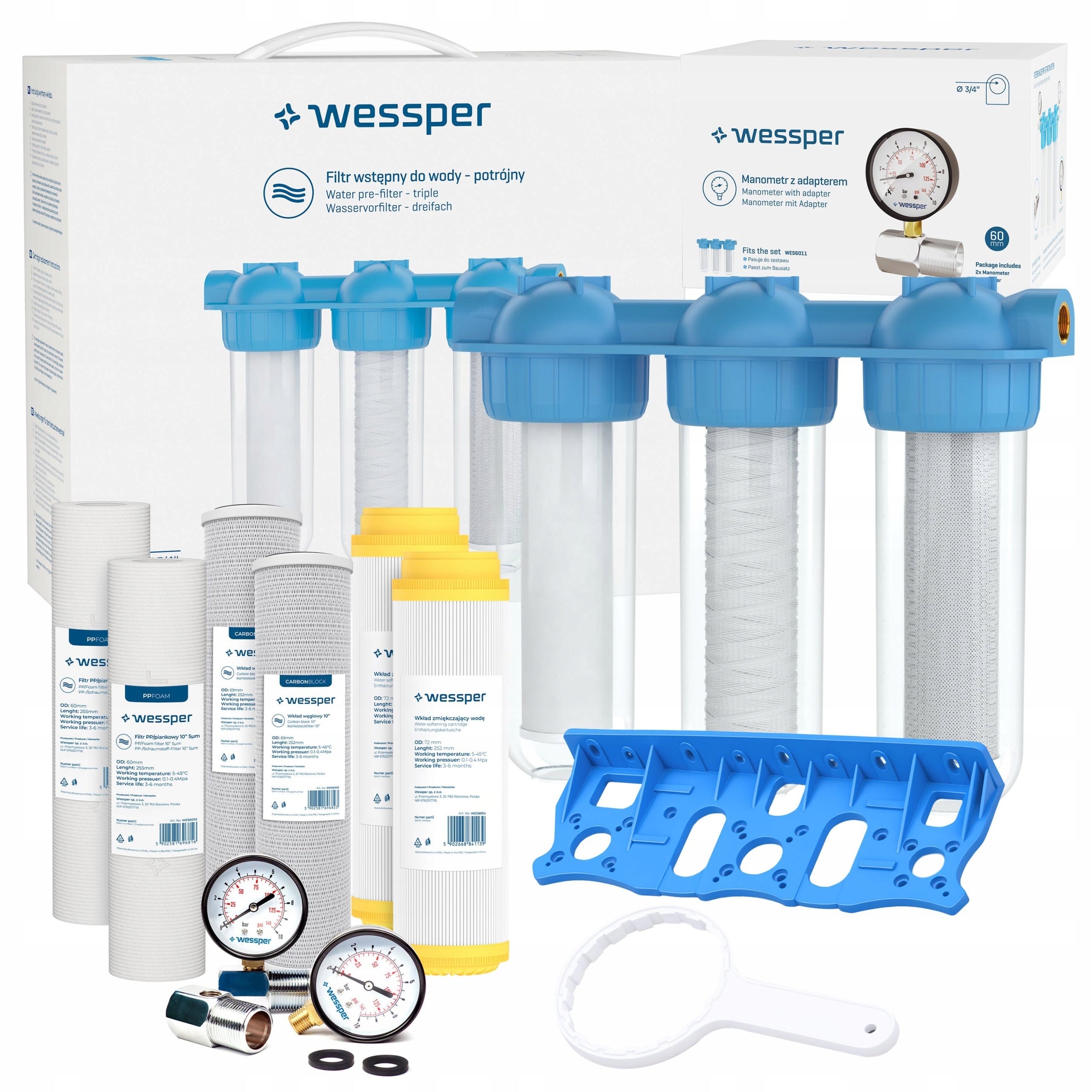 Whole House Water Filter 3/4 Inch 3 Degree For Home + 9x Filter 2x Pressure Gauge