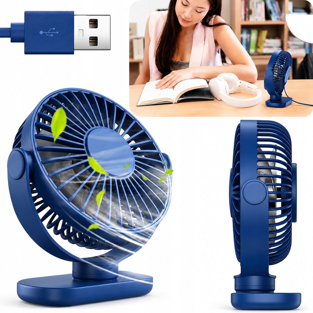 Wiatrak USB Cichy mini wentylator biurkowy chłodzenie TOPK K62C niebieski