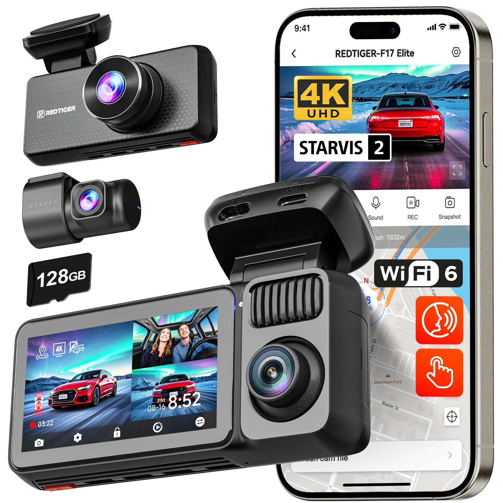 Wideorejestrator 3 Channel 4K REDTIGER F17 Elite GPS WiFi HDR 128GB Manufacturer code RT-F17 ELITE