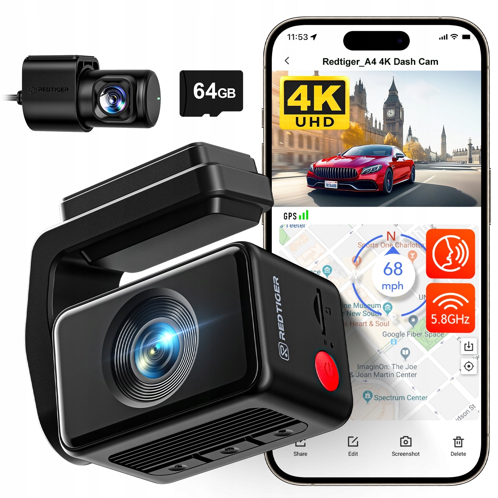 Wideorejestrator REDTIGER A4 4K+1080P 5.8GHz WiFi Voice Control 64GB Packaging status original