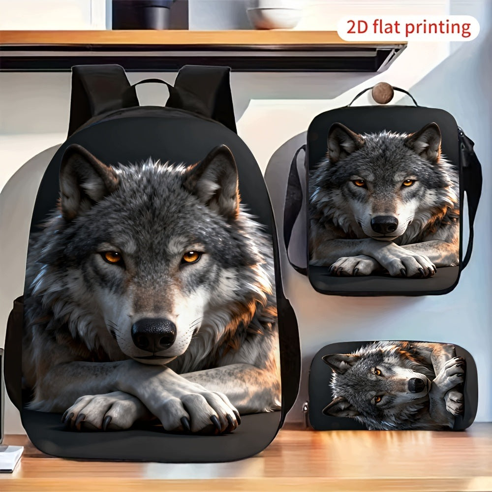 Wild Grey Wolf Pattern 3-Piece Backpack Set with Crossbody Bag