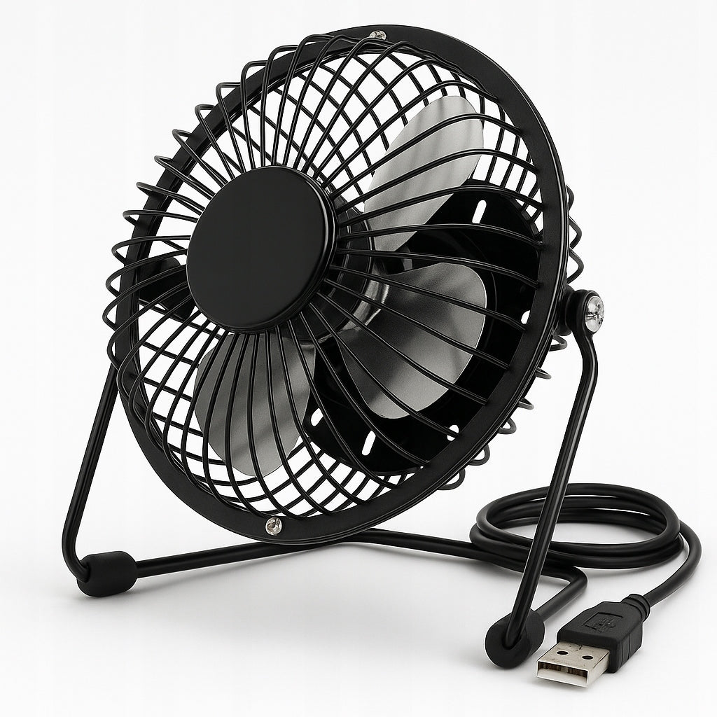 Windmill Desk Fan USB Mini Metal Enclosure and Blades Sturdy Dominant color black