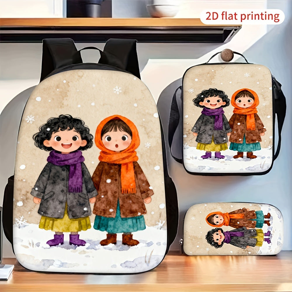 Winter Snow Cute Two Girls Backpack Crossbody Bag Pencil Case Set