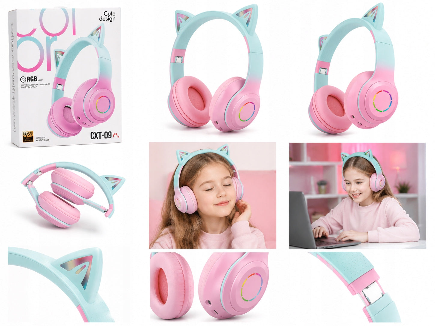 Wireless Headphones for Kids Pink Cat Ears Bluetooth Brand Greifen