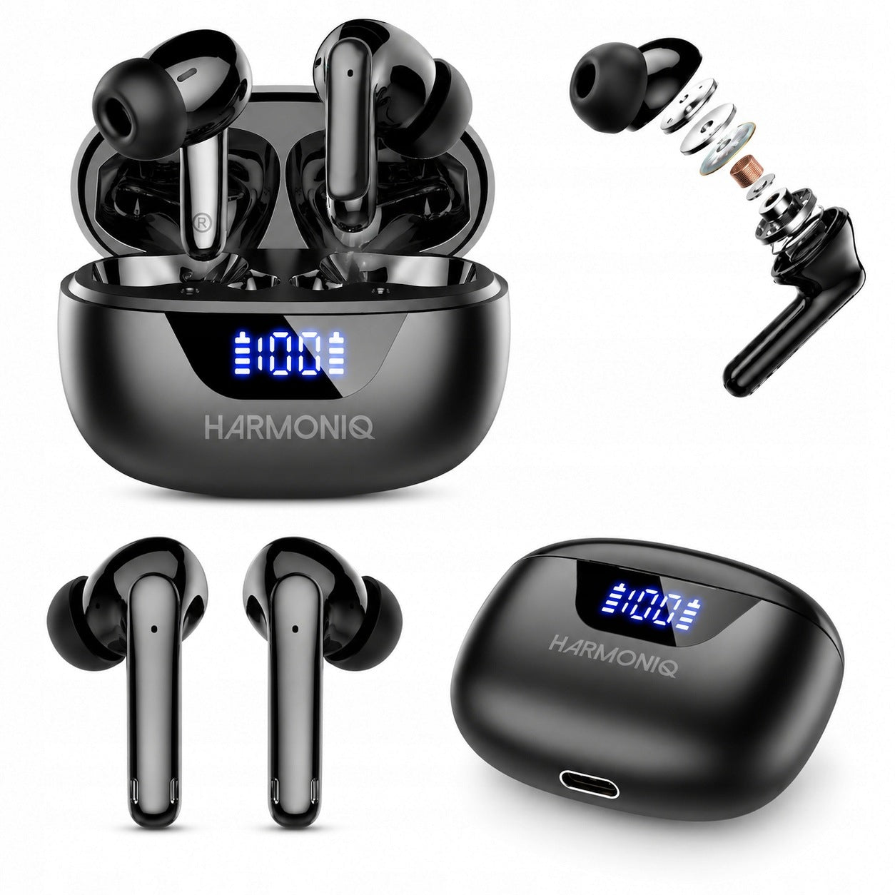 Wireless In-Ear Headphones Harmoniq Wireless Earbuds Bluetooth USB-C Black