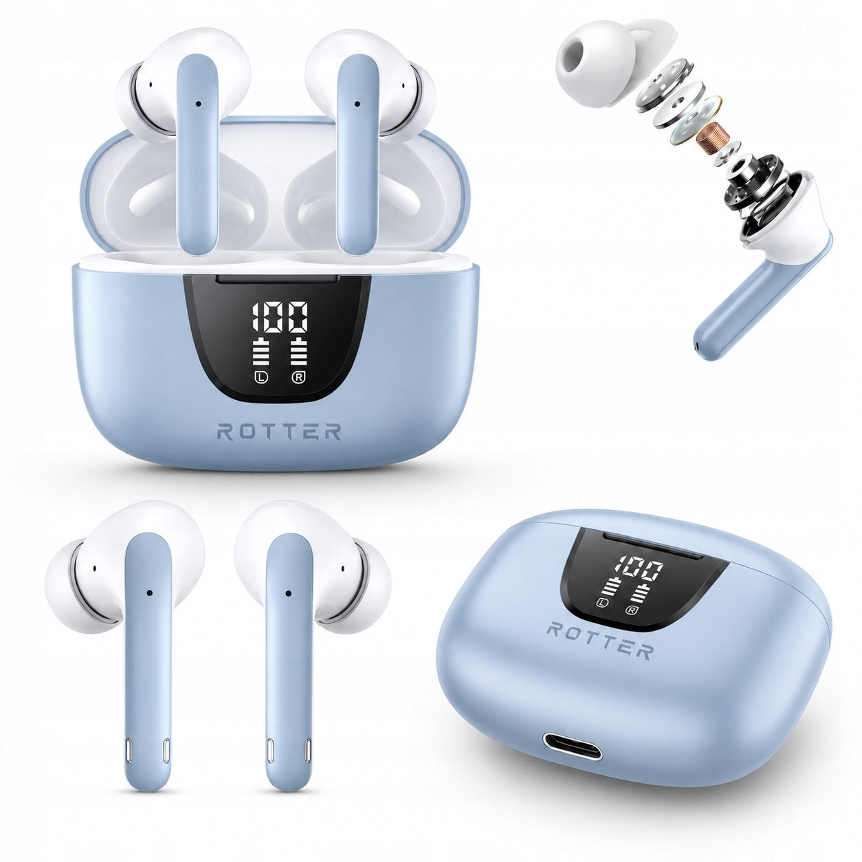 Wireless In-Ear Headphones ROTTER Wireless Earbuds Bluetooth USB-C Blue