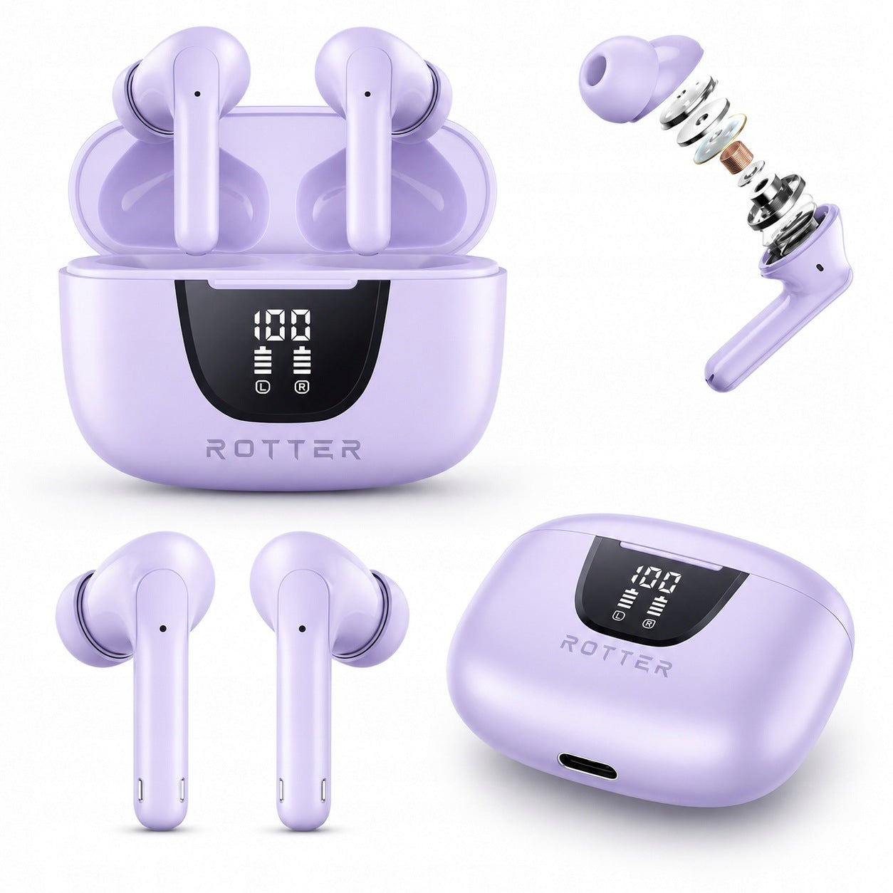 Wireless In-Ear Headphones ROTTER Wireless Earbuds Bluetooth USB-C Purple