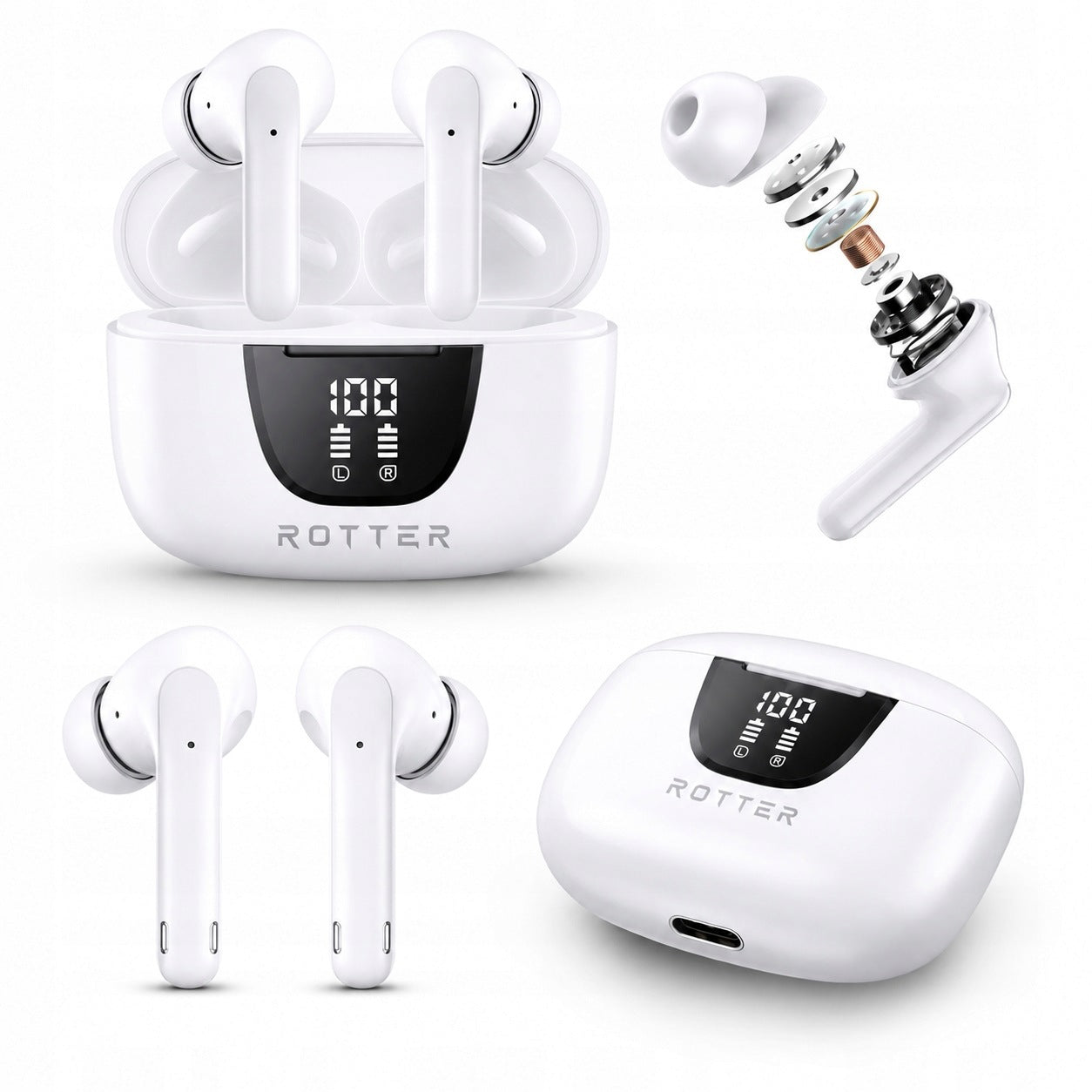Wireless In-Ear Headphones ROTTER Wireless Earbuds Bluetooth USB-C White