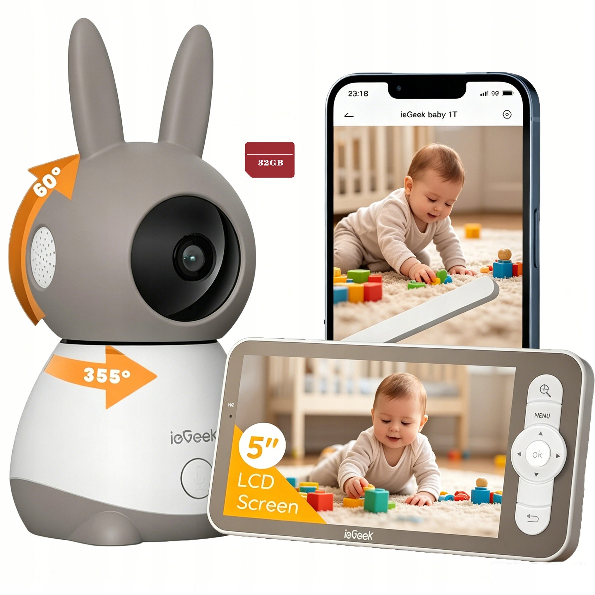 Wireless Rotating Baby Monitor Electronic Screen 5" ZOOM LCD Camera With 32GB