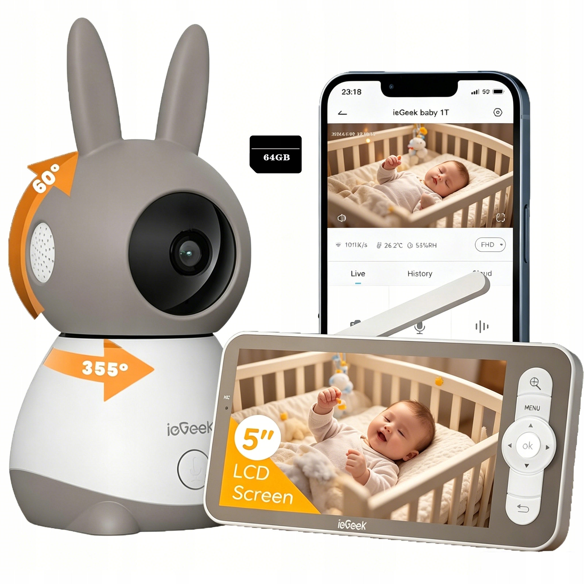 Wireless Rotating Baby Monitor Electronic Screen 5" ZOOM LCD Camera With 64GB
