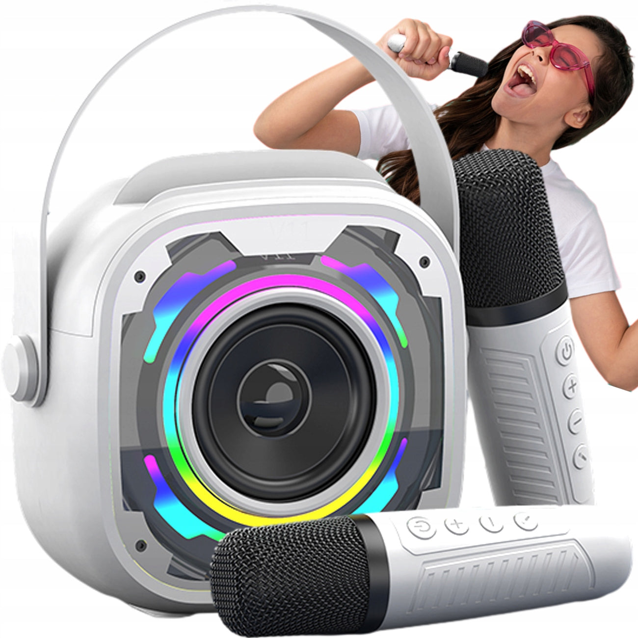 Wireless mobile bluetooth led speaker 2 karaoke microphones sd aux usb Packaging status original