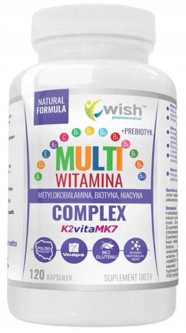 Wish Multi Vitamin Complex 120 caps. Biotin Niacin K2 MK7 + Prebiotic