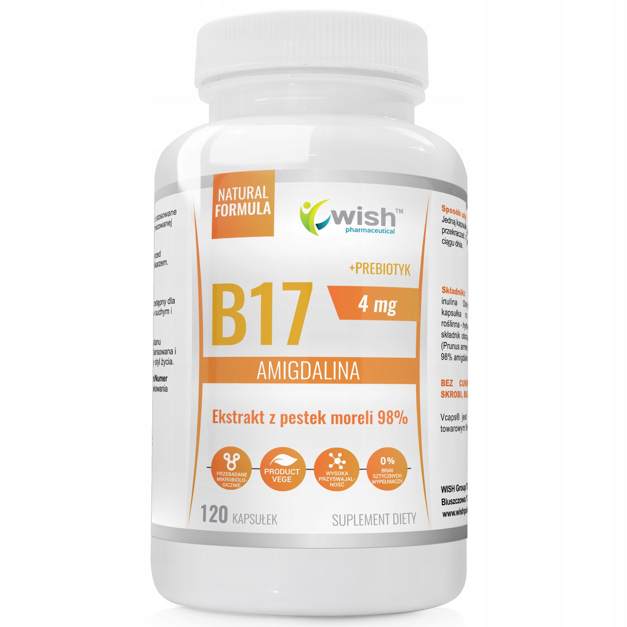 Wish Pharmaceutical B17 Amygdalin 4mg + PREBIOTIC capsules 120 pcs