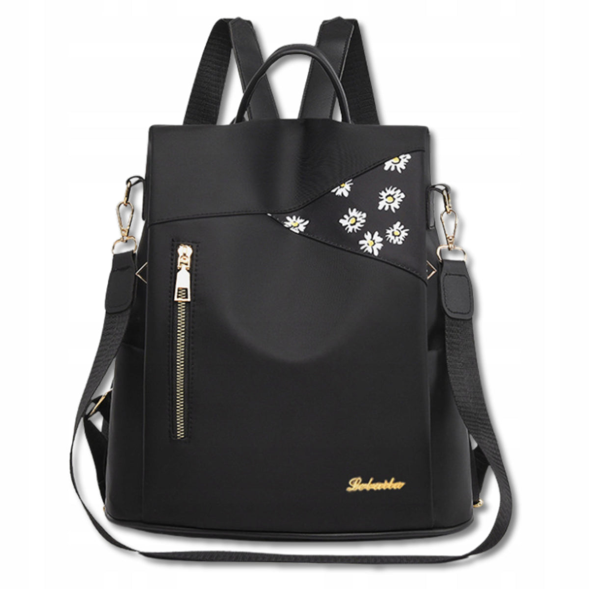 Women's Backpack Black Flowers 2in1 Shoulder Bag Backpack Elegant Urban Packaging status original