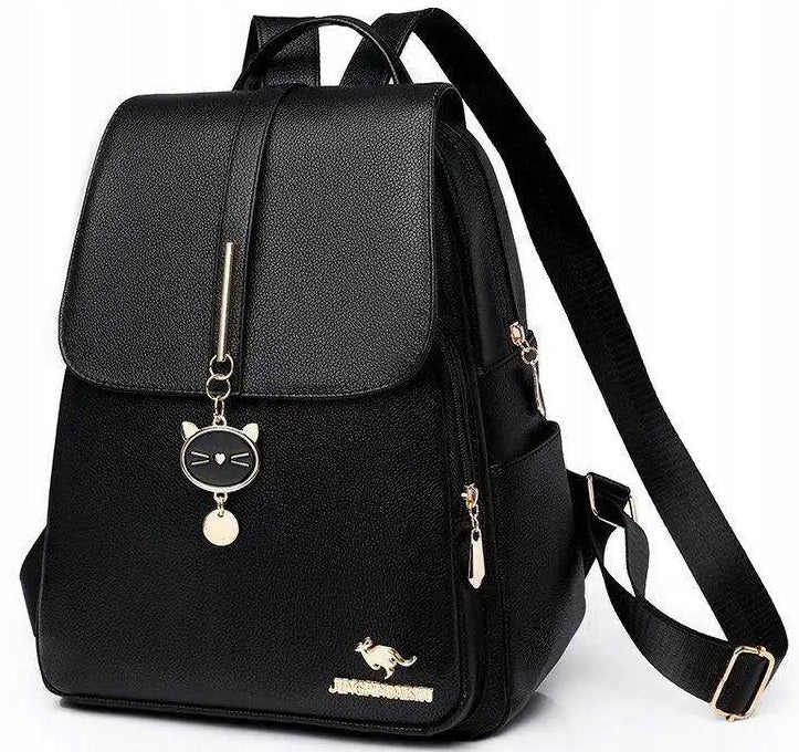 Women's Backpack Black Work School Backpack Keychain CAT Eco Leather Gift