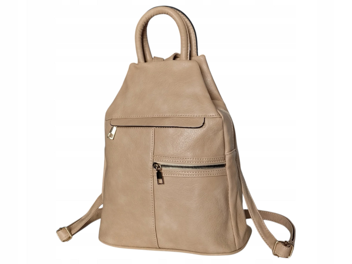 Women's Backpack, Eco Leather City Shoulder Bag in Beige, 5 Pockets