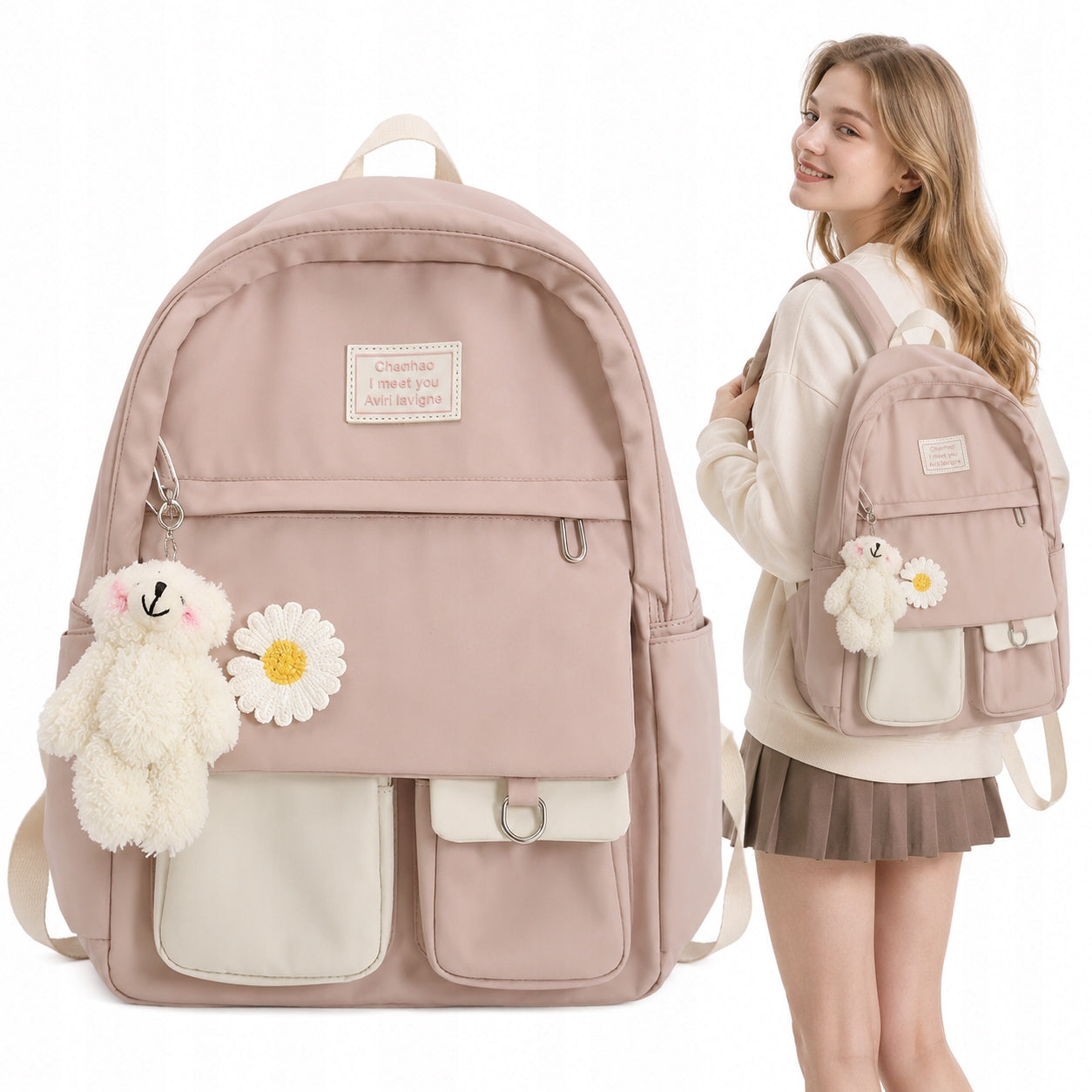 Women's Backpack Powder Pink A4 Urban with Plush Keychain