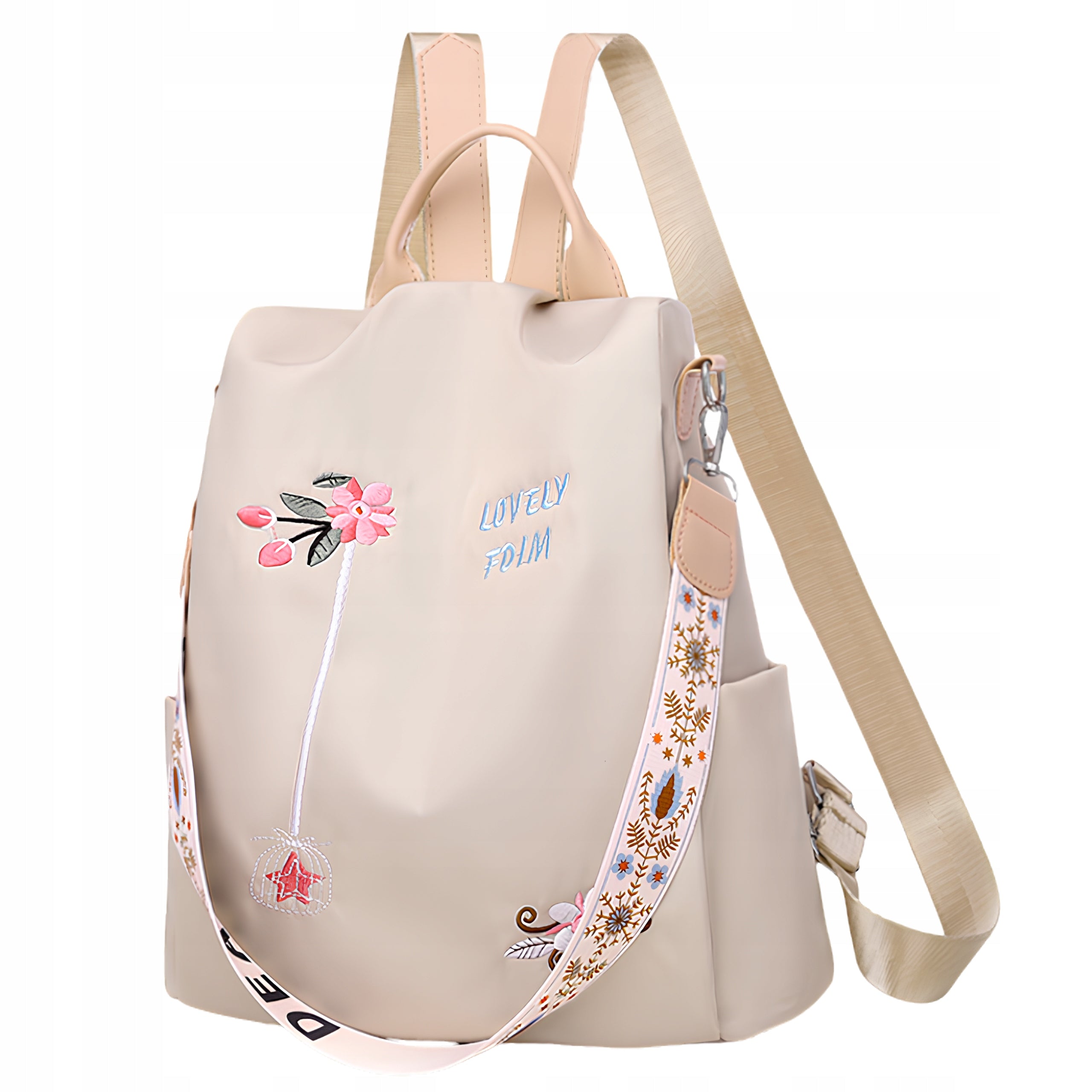 Women's Backpack Urban Sports Spacious Fashionable Beige Summer Flowers 2in1 Strap