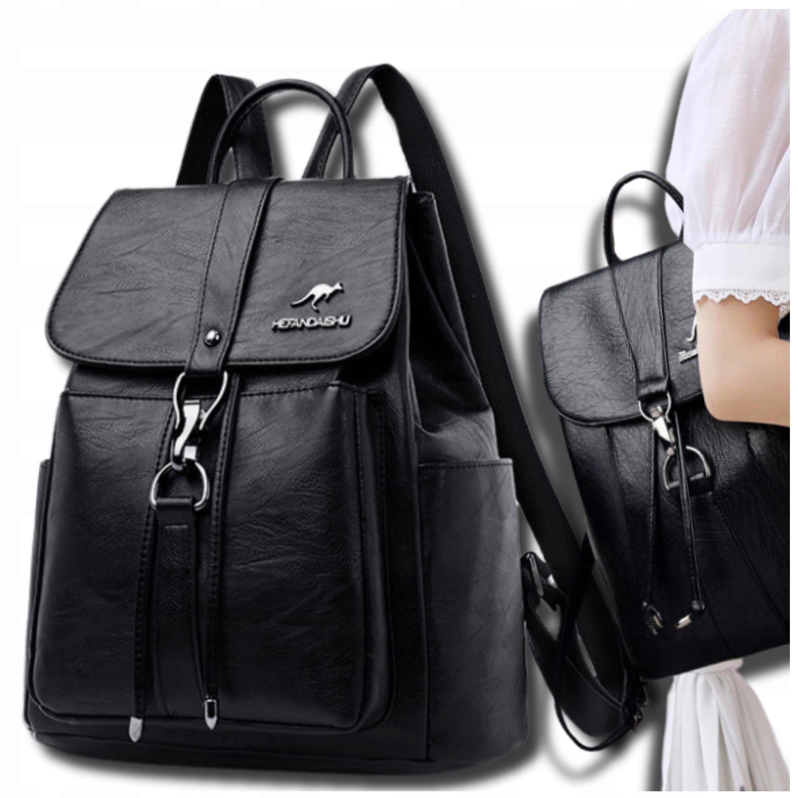 Women's Leather Backpack for City School Black Waterproof Spacious