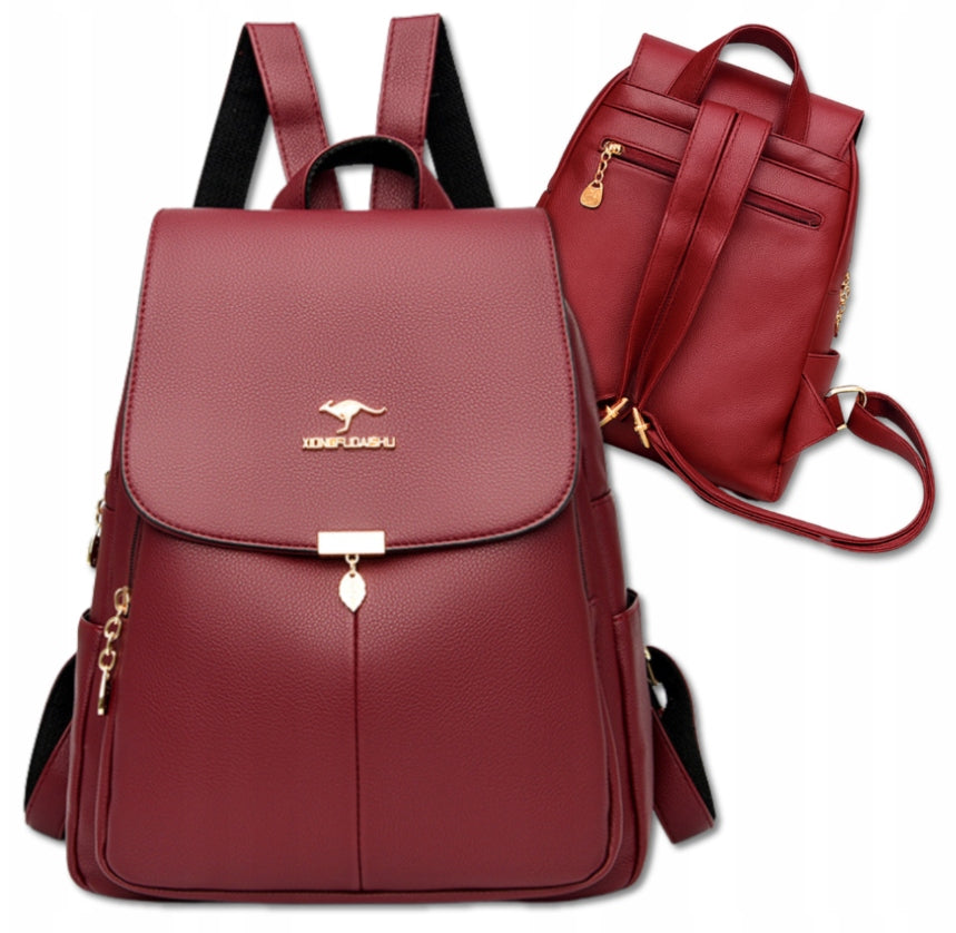 Women's School Backpack Urban Elegant Eco Leather Spacious Burgundy Brand no brand