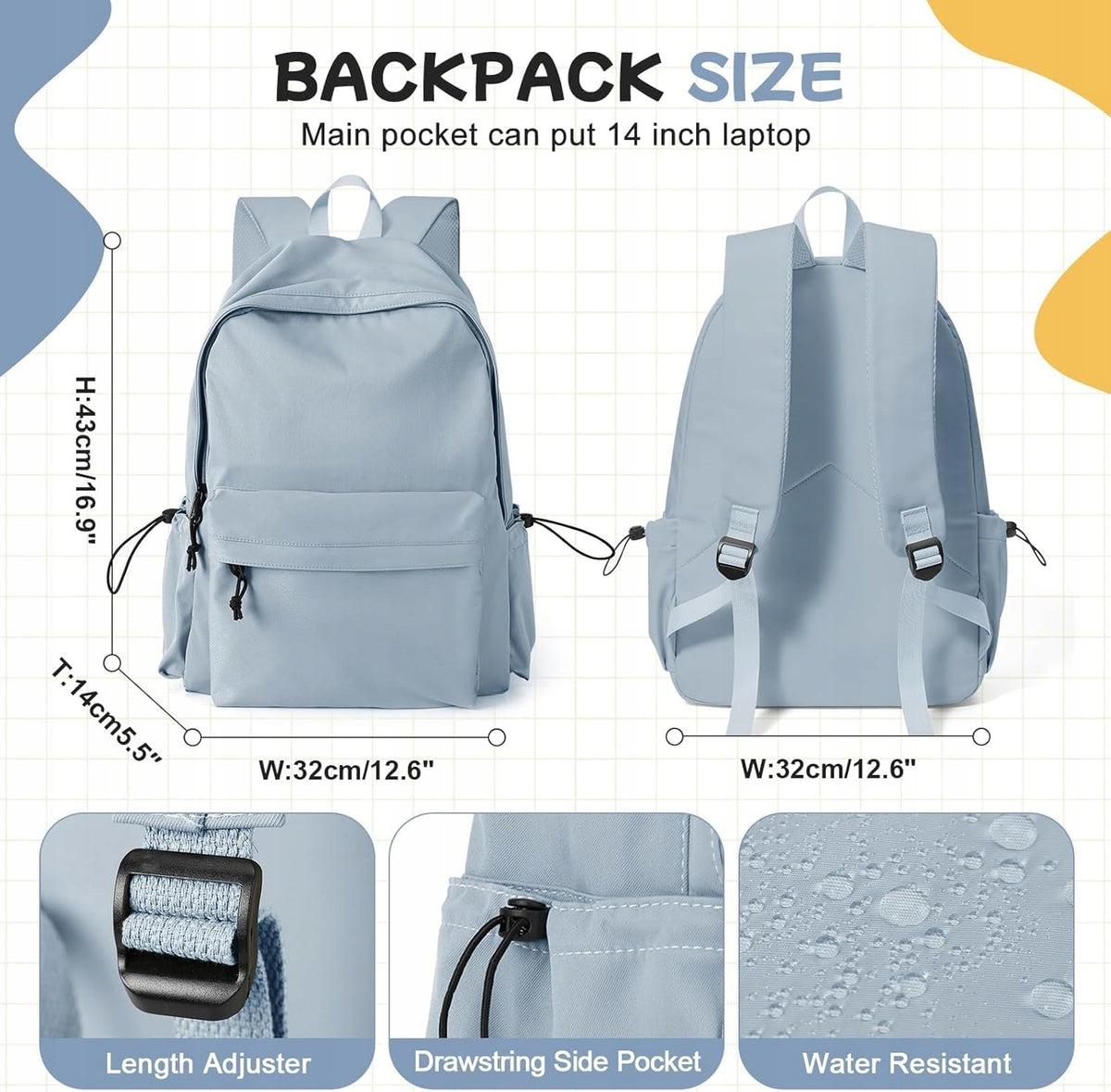 Women's School Backpack Waterproof 14" for Youth Laptop Manufacturer code H9BK-hellblau
