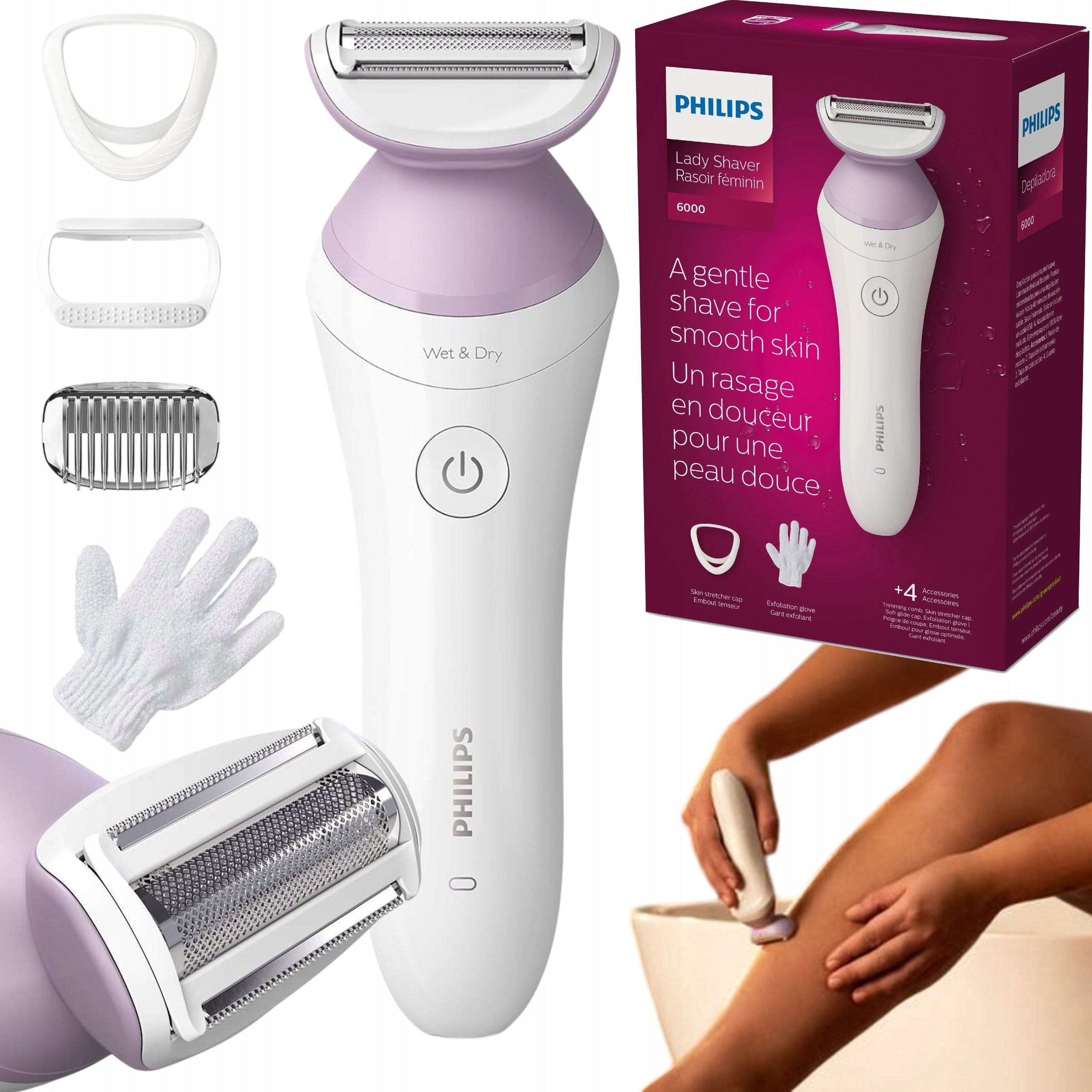 Women's Shaver Philips Wireless Wet Hair Removal Dry + 4 Accessories