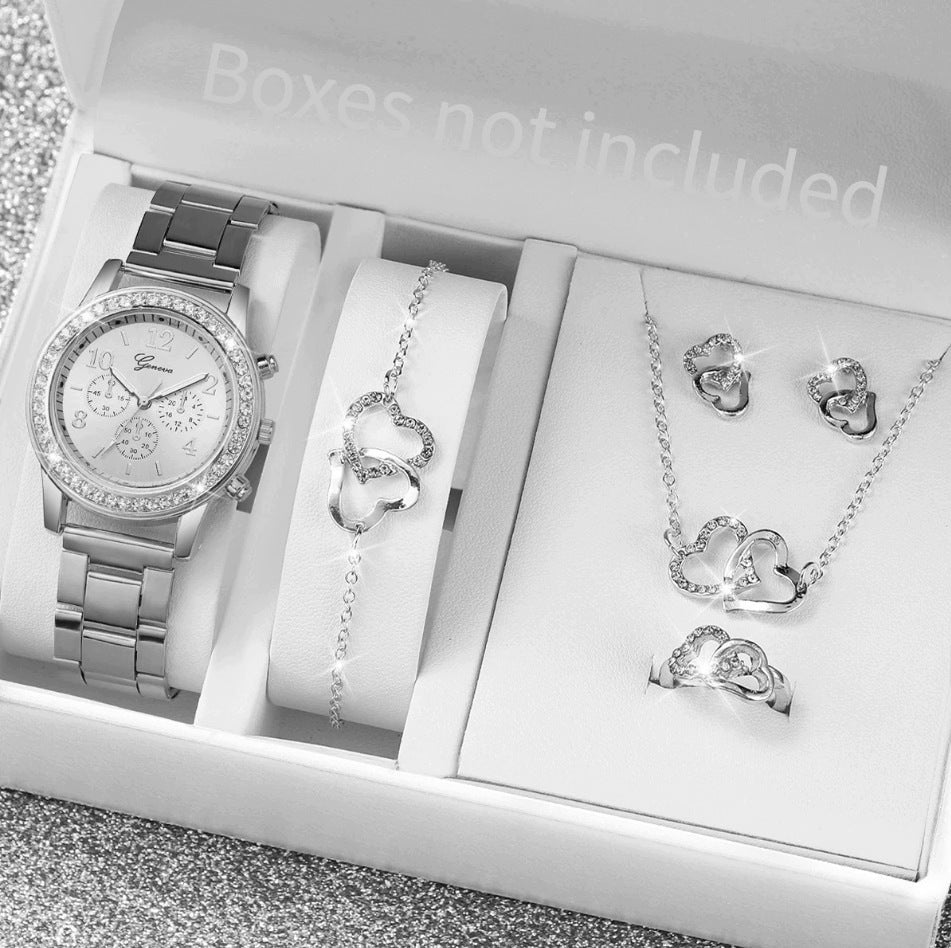 Women's Watch Silver Heart Jewelry Set 5 Elements Zircons Brand Emigmat