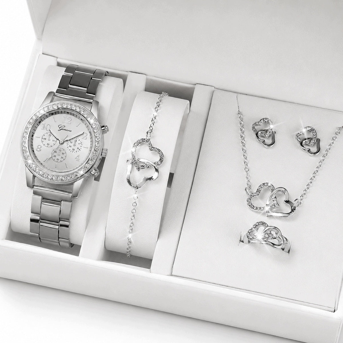 Women's Watch Silver Heart Jewelry Set 5 Elements Zircons