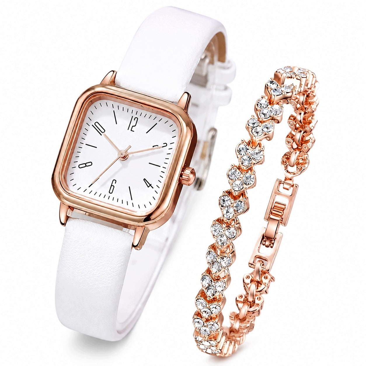 Women's Watch White Strap Rose Gold + Bracelet Zircons Set