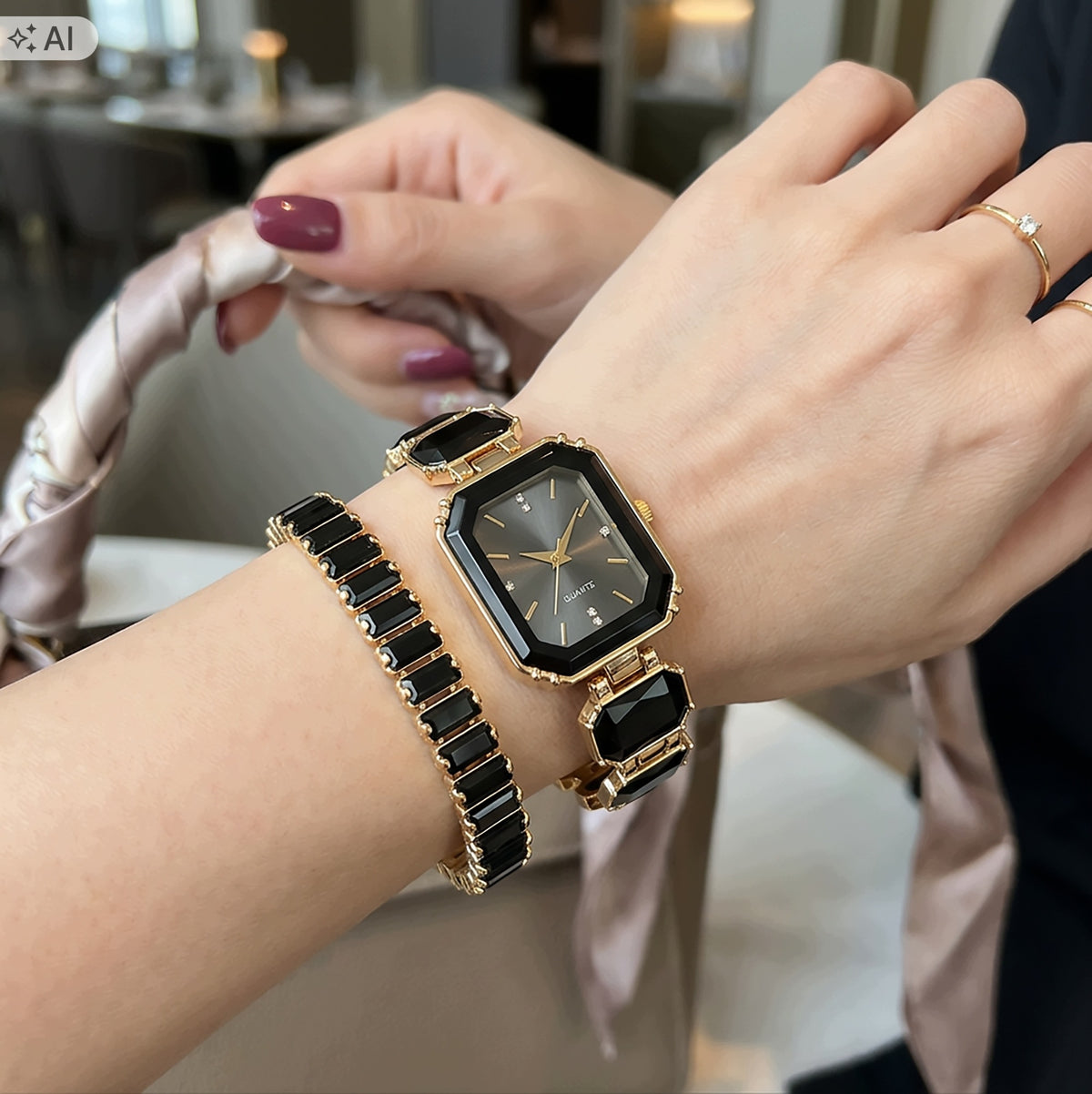 Women's Watch with Bracelet Black Crystals Elegant Gold Plated Set Brand no brand